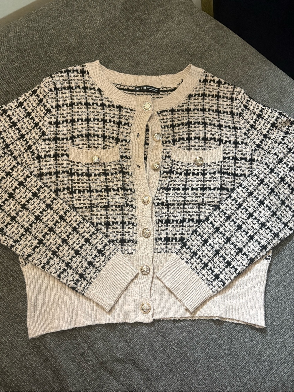 SHEIN Cream and Black Tweed-Style Button Cardigan